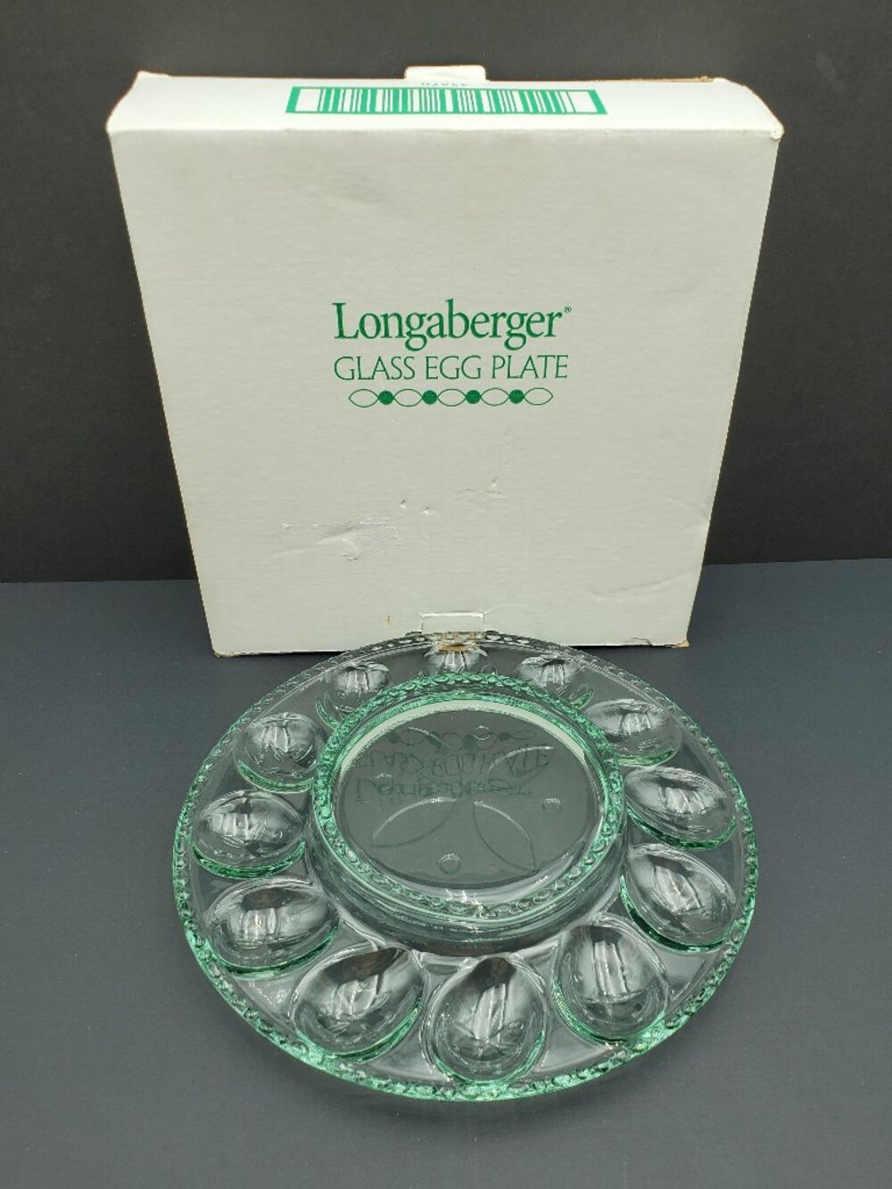 Longaberger Glass Egg Plate Green Tinted Glass Deviled Egg Platter Relish Tray